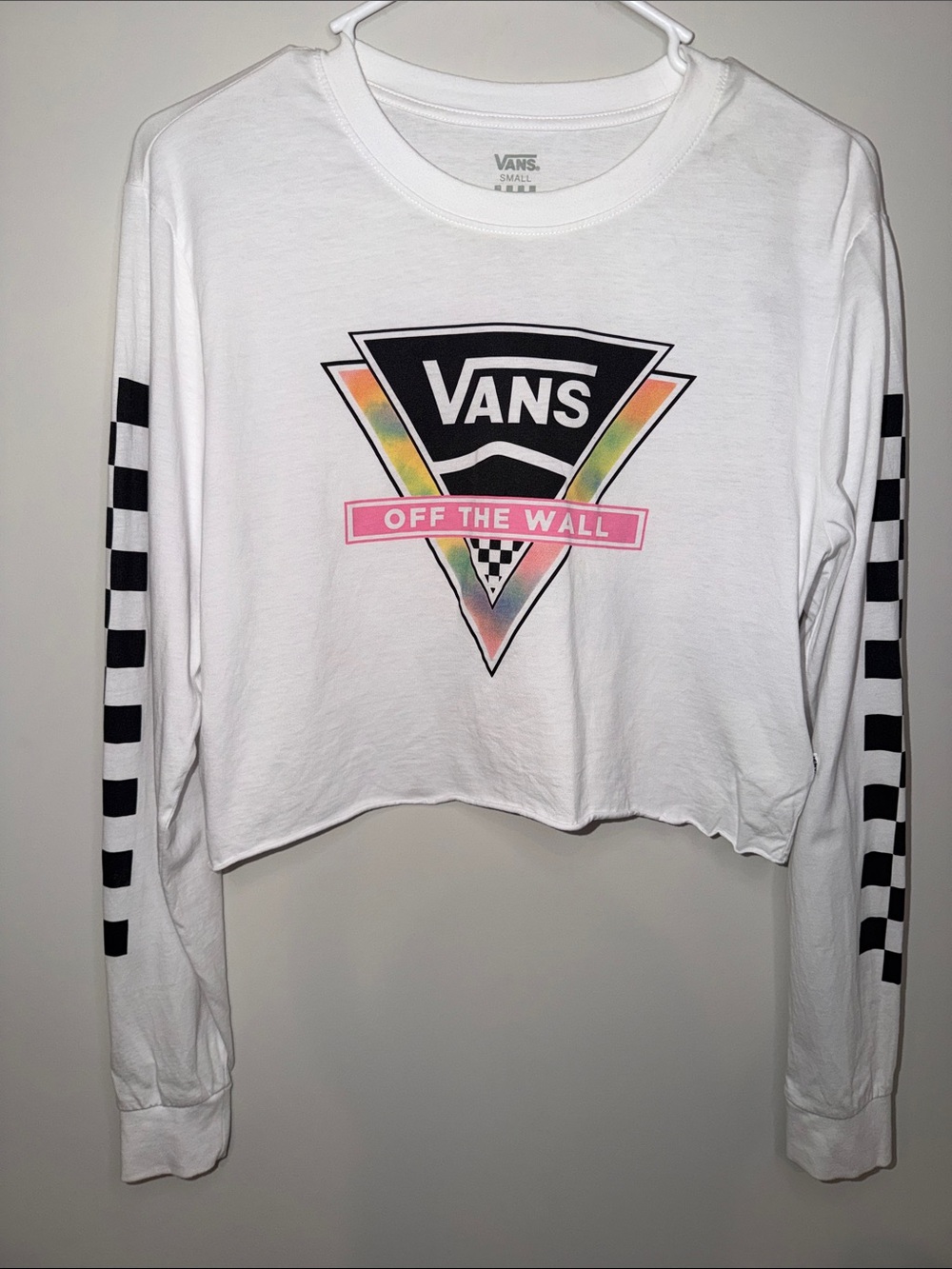 Vans White Cropped Long Sleeve Top with Rainbow Triangle Logo